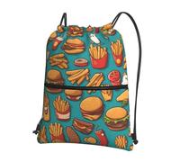 BLWSLC Mochila deportiva con cordón impreso con diseño de hamburguesas y patatas fritas, con cremallera, adecuada para senderismo y fitness