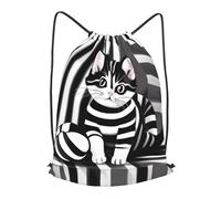 BLWSLC Mochila deportiva con cordón para gimnasio y viajes, diseño de gatito a rayas blancas y negras