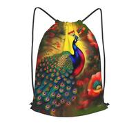 BLWSLC Mochila deportiva con cordón y estampado de flores de pavo real, 2 tamaños, adecuada para viajes de fitness, Negro, Mediano