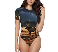 BLWSLC Mono de manga corta con cuello redondo estampado de alce en el prado para mujer, se puede combinar con jeans de cintura alta o pantalones cortos., Negro, Small