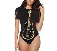 BLWSLC Mono de manga corta con cuello redondo y estampado de guitarra negra para mujer, se puede combinar con jeans o pantalones cortos de cintura alta., Negro, Small