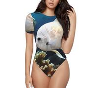 BLWSLC Mono de manga corta con cuello redondo y estampado de peces blancos y dorados, se puede combinar con jeans o pantalones cortos de cintura alta., Negro, Small