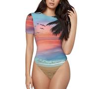 BLWSLC Mono de manga corta con estampado de palmera de coco y palmera, capa interior para mujer, combinado con jeans de cintura alta., Negro, S