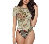 BLWSLC Mono de manga corta con estampado de postal vintage de París | Mono de yoga con cuello redondo | Mono deportivo casual, Negro, XL