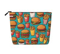 BLWSLC Neceser de lino sintético con estampado de dibujos animados para mujer, diseño de hamburguesas fritas, gran capacidad, esencial para el día a día