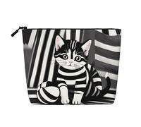 BLWSLC Neceser de lino sintético con estampado de gatito a rayas blancas y negras para mujer, gran capacidad, esencial para el día a día