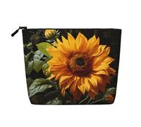 BLWSLC Neceser de lino sintético con estampado de girasol amarillo sobre fondo marrón para mujer, gran capacidad, esencial para uso diario