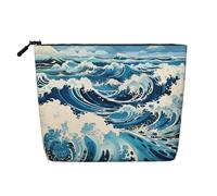 BLWSLC Neceser de lino sintético con estampado de ondas estilo Ukiyo-e para mujer, gran capacidad, esencial para uso diario