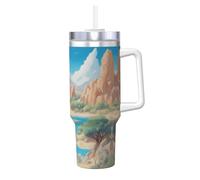 BLWSLC Oasis in the Desert - Taza de acero inoxidable de doble pared impresa de 40 onzas con tapa de asa y pajita, adecuada para agua y café