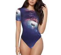 BLWSLC Overol de manga corta con estampado abstracto del universo, capa interior para mujer, combinado con jeans de cintura alta., Negro, L