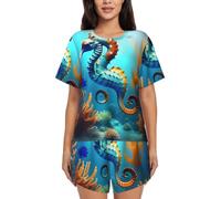 BLWSLC Seabed Coral Seabed - Conjunto de pijama para mujer, camiseta de manga corta y pantalones cortos, conjunto de pijama de 2 piezas, Negro, XXL/5XL