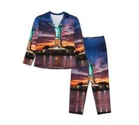 BLWSLC Statue of Liberty, conjunto de pijama de manga larga para mujer, estampado de Estados Unidos, pijama holgado con botones, Negro, XL