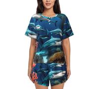 BLWSLC Submarine Shark Coral - Conjunto de pijama para mujer, camiseta de manga corta y pantalones cortos, conjunto de pijama de 2 piezas, Negro, L/5XL