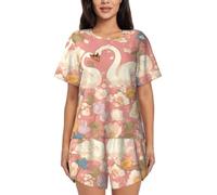 BLWSLC Swans in the Flowers - Conjunto de pijama para mujer, camiseta de manga corta y pantalones cortos, conjunto de pijama de 2 piezas, Negro, XXL/5XL