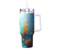 BLWSLC Taza de acero inoxidable con estampado de caballito de mar de coral de fondo marino de 40 onzas con tapa de asa y pajita, adecuada para agua y café