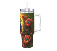 BLWSLC Taza de acero inoxidable de doble pared con estampado de flores de pavo real de 40 onzas con tapa de asa y pajita, adecuada para agua y café