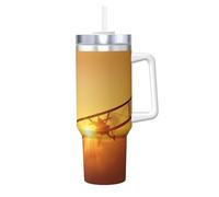 BLWSLC Taza de café de viaje de acero inoxidable con asa y pajita, de 40 onzas, avión al atardecer, apta para interiores de automóviles y viajes