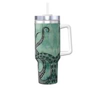 BLWSLC Taza de café de viaje de acero inoxidable con estampado de pulpo verde de 40 onzas con asa y pajita, adecuada para interiores de automóviles y viajes