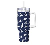 BLWSLC Taza de café de viaje de acero inoxidable con varios patrones de peces marinos impresos con asa y pajita, apta para interiores de automóviles y viajes