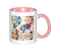 BLWSLC Taza de cerámica rosa con diseño abstracto de mapa del mundo con mango curvo, adecuada para cafeterías y oficinas.