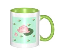 BLWSLC Taza verde de cerámica impresa con diseño de flores de loto esperando a florecer con mango curvo, adecuada para la oficina y beber todos los días.