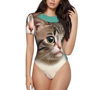 BLWSLC Un mono de manga corta con cuello redondo y estampado de gato curioso, se puede combinar con jeans o pantalones cortos de cintura alta., Negro, Small