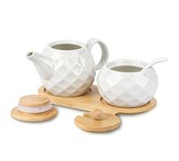 BlyeMichdi Juego de Cerámica para Leche y Azúcar Blanca, 220ml Azucarero con Tapa y Cuchara, 355ml Jarra de Leche con Tapa, con Bandeja de Madera, Apto para Microondas y Lavavajillas (C)