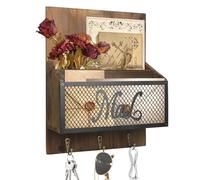 BlyeMichdi Revistero de Pared de Madera, Colgador Llaves Pared con 3 Ganchos, Soporte para Folletos, 2 Compartimentos Metálica Madera Revistero Documentos Organizador para Pasillo, Entrada, Oficina