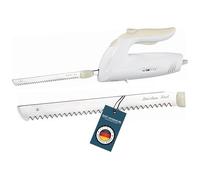 bmf-versand® Cuchillo eléctrico para carne y pan con doble hoja de acero inoxidable, incluye paño de cuidado, cuchillo electrónico, potente motor de 150 W, silencioso, apto para lavavajillas,