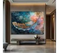 BMGKYAGL 1 lámina decorativa de pared con diseño vibrante de plumas en acuarela, póster moderno y abstracto con tonos dorados y azules (70x100cm/sin marco).