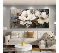 BMGKYAGL Cuadro abstracto blanco sobre lienzo, arte de pared, póster floral con hojas doradas, cuadro de pared para sala de estar, decoración del hogar, 90 x 180 cm, sin marco