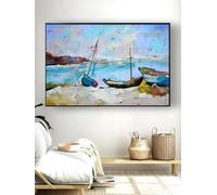 BMGKYAGL Cuadro de un barco pop en la playa con vistas al mar, arte de pared moderno para decoración del hogar, lienzo de un pueblo pesquero, 90 x 180 cm, sin marco