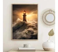 BMGKYAGL Cuadro en lienzo con diseño de faro, póster artístico con amanecer y atardecer, olas, foto artística para decoración de pared del hogar y la sala de estar, marco de 50 x 70 cm.