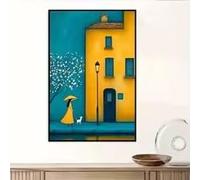 BMGKYAGL Elegante cuadro de pared con marco de un paso peatonal, con arquitectura amarilla y árboles en flor, para sala de estar (30 x 45 cm/marco interior)