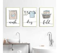 BMGKYAGL Póster decorativo moderno y bonito para lavandería, con estampado de letreros para lavar, secar, doblar y repetir, decoración sencilla para pared del hogar, 60 x 80 cm x 3 marcos