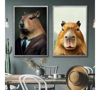 BMGKYAGL Retrato de animales divertidos, lindo capibara en el baño bebiendo vino, póster, arte de pared, imágenes, decoración del hogar, pintura en lienzo, 50 x 70 cm x 2, sin marco