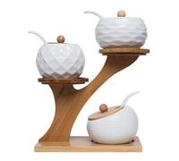 BMKGODN Juego de caja cerámica for condimentos, azucarero, tarro almacenamiento con cucharas y tapa bambú, estante for especias, pimienta