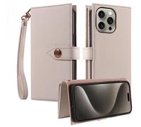 BMLLQSS Funda de cuero vacuno de alta calidad para iPhone 13 Pro Max/13 Pro/13 con 9 ranuras para tarjetas y 1 ranura para dinero en efectivo con correa de muñeca de cuero para mujer, color: blanco