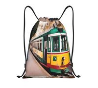 bmnaswt Lisbon Tram - Bolsa de cordón con estampado de tranvía, mochila plegable para gimnasio, playa, senderismo, gimnasio y recados diarios, Black, M, Mochilas de viaje