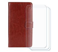 BMPNLSZ Flip Case para Ulefone RugKing + [3-Pack] Cristal Templado, HD Vidrio Templado Protector Pantalla, Función de Soporte Cover, Billetera Funda (5,99") - Marrón-HZFM