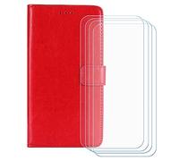BMPNLSZ Flip Case para ZTE Blade A52 4G + [4-Pack] Cristal Templado, HD Vidrio Templado Protector Pantalla, Función de Soporte Cover, Billetera Funda (6,52") - Rojo-HZFM