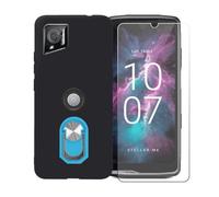 BMPNLSZ Funda para Crosscall Stellar-M6 Chamonix Mont Blanc + Azul Anillo de Soporte Giratorio Desmontable de 360°, Negro Suave Silicona Carcasa Caso Case + Cristal Templado Film Vidrio