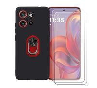 BMPNLSZ Funda para Motorola Edge 60 Neo 5G + Rojo Anillo de Soporte Giratorio Desmontable de 360°, Negro Suave Silicona Carcasa Caso Case + [2 Piezas] Cristal Templado Film Vidrio