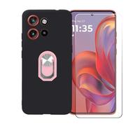 BMPNLSZ Funda para Motorola Edge 60 Neo 5G + Rosa Anillo de Soporte Giratorio Desmontable de 360°, Negro Suave Silicona Carcasa Caso Case + Cristal Templado Film Vidrio