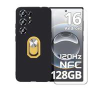 BMPNLSZ Funda para Oukitel C66 + Amarillo Anillo de Soporte Giratorio Desmontable de 360°, Negro Suave Silicona Carcasa Caso Case + Cristal Templado Film Vidrio