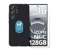 BMPNLSZ Funda para Oukitel C66 + Azul Anillo de Soporte Giratorio Desmontable de 360°, Negro Suave Silicona Carcasa Caso Case + Cristal Templado Film Vidrio