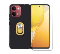 BMPNLSZ Funda para Vivo Y51 Pro + Amarillo Anillo de Soporte Giratorio Desmontable de 360°, Negro Suave Silicona Carcasa Caso Case + Cristal Templado Film Vidrio