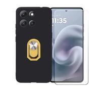 BMPNLSZ Funda para ZTE Blade A35E + Amarillo Anillo de Soporte Giratorio Desmontable de 360°, Negro Suave Silicona Carcasa Caso Case + Cristal Templado Film Vidrio