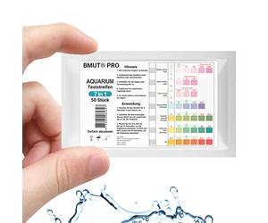 BMUT 50 tiras de prueba para acuario y estanque, valores de agua 7 en 1, p. ej. pH, nitrito, nitrato, GH