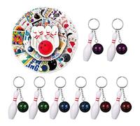 Bncxdc llaveros, 8 llaveros de bolas de bolos y 50 pegatinas de bolos, mini colgante de bola de bolos, colgante de bola de bolos, llavero colgante de bola de bolos(rojo/púrpura/verde/azul,7,5 x 2,8cm)